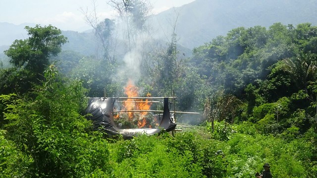 La Policía Nacional, Ejército Nacional, Fuerza Aérea y Armada Nacional, desplegaron campaña antinarcóticos en Putumayo y destruyeron 27 laboratorios para el procesamiento de base y clorhidrato de cocaína que le pertenecían a la banda criminal conocida como ‘La Constru’. //