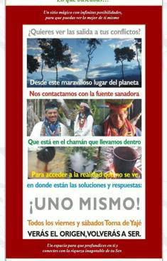 En la imagen superior, uno de los panfletos con los que captaban a sus adeptos. Abajo, el gran chalé donde se realizaban los rituales 