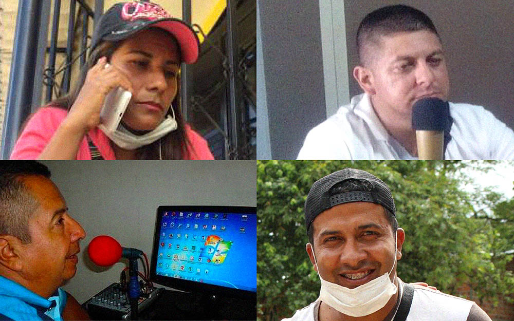 Cuatro periodistas de Mocoa. En la izquierda arriba, Laura Montoya y abajo José Villareal; en la derecha arriba Ruberth Ramírez y abajo Carlos Álvarez