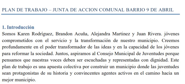 Plan de Trabajo – Junta de Acción Comunal Barrio 9 de Abril en San Miguel